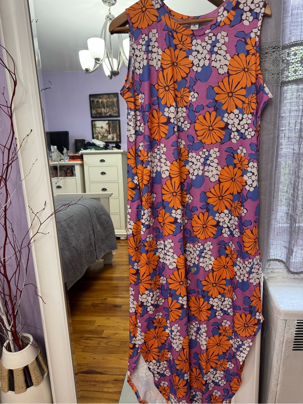 Purple Floral Sleeveless Maxi Dress with Orange Blooms